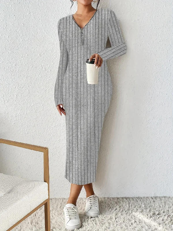 Your Weekend, Your Savings Sixsr Half Zip Ribbed Dress, Casual Solid Long Sleeve Every Day Dress, Women's Clothing Your Weekend, Your Savings Sixsr Half Zip Ribbed Dress, Casual Solid Long Sleeve Every Day Dress, Women's Clothing