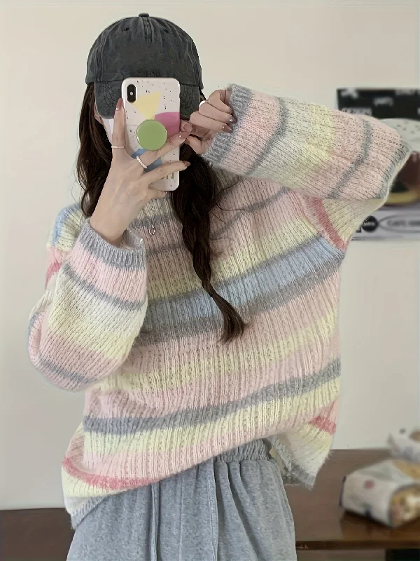 Weekend Shopping Extravaganza Benpaolv Rainbow Striped Crew Neck Pullover Sweater, Casual Long Sleeve Loose Cozy Sweater, Women's Clothing Weekend Shopping Extravaganza Benpaolv Rainbow Striped Crew Neck Pullover Sweater, Casual Long Sleeve Loose Cozy Sweater, Women's Clothing