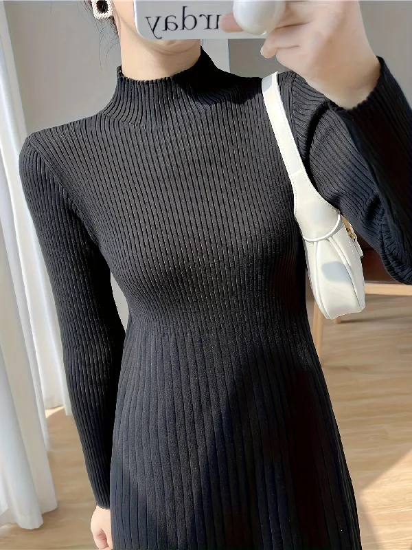 Quick Deals Sixsr Mock Neck Ribbed Dress, Casual Solid Long Sleeve Midi Dress, Women's Clothing Quick Deals Sixsr Mock Neck Ribbed Dress, Casual Solid Long Sleeve Midi Dress, Women's Clothing
