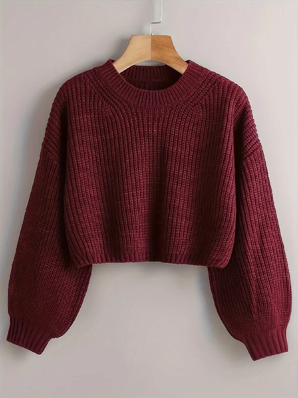 New Deal Sixsr Solid Crew Neck Crop Sweater, Casual Lantern Sleeve Comfy Pullover Sweater, Women's Clothing New Deal Sixsr Solid Crew Neck Crop Sweater, Casual Lantern Sleeve Comfy Pullover Sweater, Women's Clothing