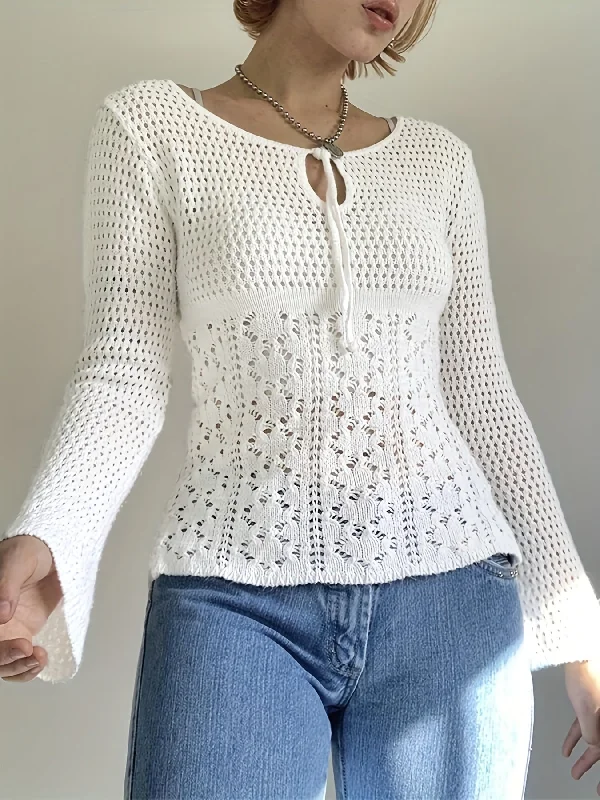 Crazy Savings Sixsr Solid Tie Neck Cut Out Pullover Sweater, Elegant Long Sleeve Sweater For Spring & Fall, Women's Clothing Crazy Savings Sixsr Solid Tie Neck Cut Out Pullover Sweater, Elegant Long Sleeve Sweater For Spring & Fall, Women's Clothing