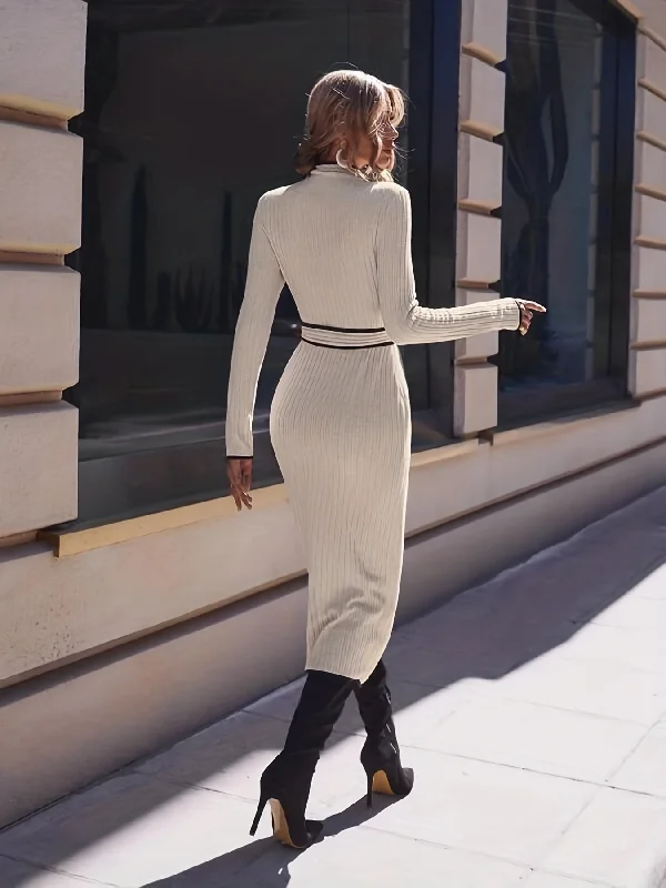 Weekend Deals That Amaze Sixsr Contrast Trim Ribbed Mock Neck Dress, Casual Long Sleeve Belted Dress, Women's Clothing Weekend Deals That Amaze Sixsr Contrast Trim Ribbed Mock Neck Dress, Casual Long Sleeve Belted Dress, Women's Clothing
