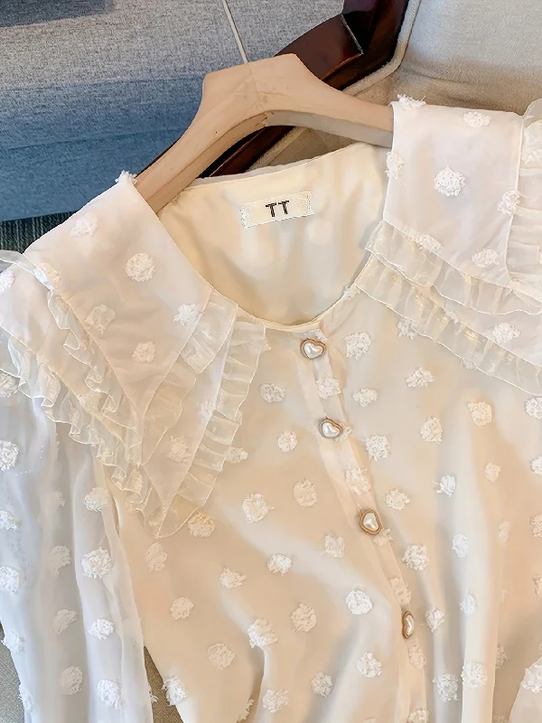 Buy Today Sixsr Swiss Dot Layered Peter Pan Collar Shirt, Sweet Heart Shaped Long Sleeve Shirt For Spring & Fall, Women's Clothing Buy Today Sixsr Swiss Dot Layered Peter Pan Collar Shirt, Sweet Heart Shaped Long Sleeve Shirt For Spring & Fall, Women's Clothing