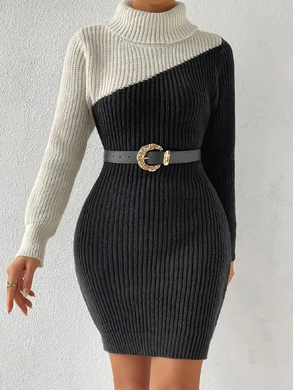 Weekend Discounts to Celebrate Sixsr Colorblock Turtleneck Knit Dress, Elegant Long Sleeve Dress (without Belt), Women's Clothing Weekend Discounts to Celebrate Sixsr Colorblock Turtleneck Knit Dress, Elegant Long Sleeve Dress (without Belt), Women's Clothing