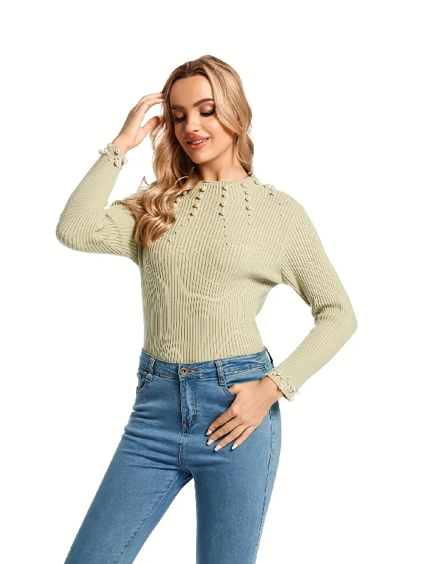 Weekend Savings Spree Sixsr Solid Beaded Crew Neck Sweater, Versatile Long Sleeve Slim Sweater, Women's Clothing Weekend Savings Spree Sixsr Solid Beaded Crew Neck Sweater, Versatile Long Sleeve Slim Sweater, Women's Clothing