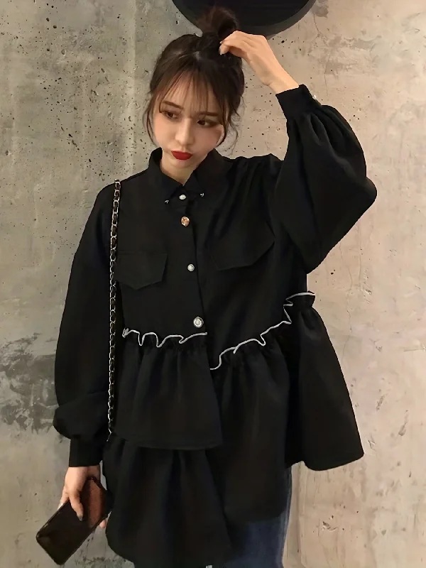 Bargain Alert Sixsr Ruffle Trim Asymmetrical Blouse, Casual Button Front Long Sleeve Blouse, Women's Clothing Bargain Alert Sixsr Ruffle Trim Asymmetrical Blouse, Casual Button Front Long Sleeve Blouse, Women's Clothing