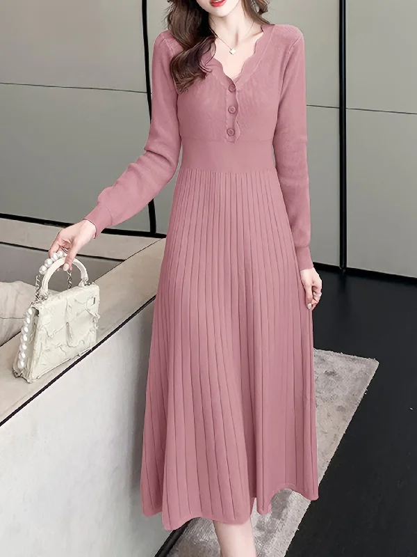 Extra Savings Sixsr Button Front V Neck Dress, Chic Solid Color Long Sleeve Pleat Dress, Women's Clothing Extra Savings Sixsr Button Front V Neck Dress, Chic Solid Color Long Sleeve Pleat Dress, Women's Clothing
