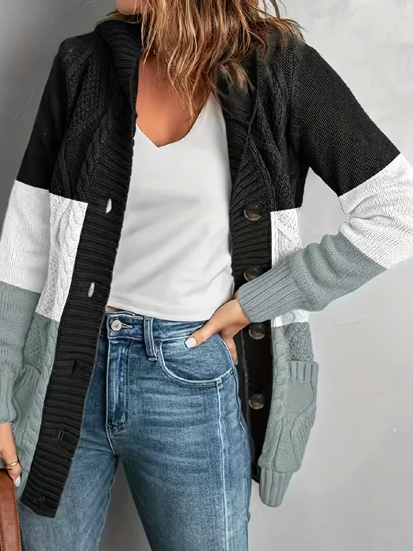 Weekend Offers That Please Color Block Button Front Cardigan, Casual Hooded Long Sleeve Cardigan For Spring & Fall, Women's Clothing Weekend Offers That Please Color Block Button Front Cardigan, Casual Hooded Long Sleeve Cardigan For Spring & Fall, Women's Clothing