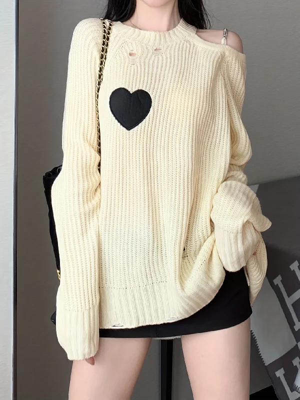 Weekend Specials to Love Sixsr Heart Pattern One-shoulder Ripped Sweater, Casual Long Sleeve Sweater For Fall & Winter, Women's Clothing Weekend Specials to Love Sixsr Heart Pattern One-shoulder Ripped Sweater, Casual Long Sleeve Sweater For Fall & Winter, Women's Clothing