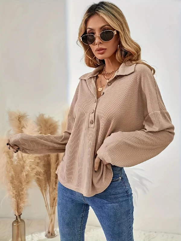 Special Buy Sixsr Solid Button Front Collared T-Shirt, Casual Long Sleeve Top For Spring & Fall, Women's Clothing Special Buy Sixsr Solid Button Front Collared T-Shirt, Casual Long Sleeve Top For Spring & Fall, Women's Clothing