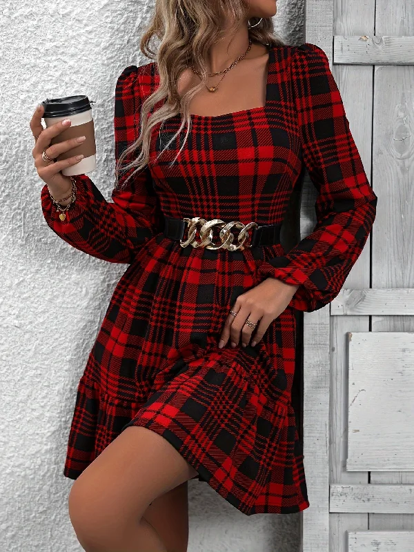 Weekend Deals That Sparkle Sixsr Plaid Pattern Square Neck Dress, Vintage Lantern Sleeve Dress For Spring & Fall, Women's Clothing Weekend Deals That Sparkle Sixsr Plaid Pattern Square Neck Dress, Vintage Lantern Sleeve Dress For Spring & Fall, Women's Clothing