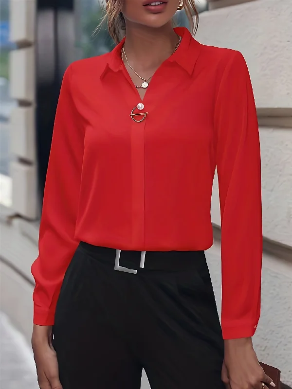 Weekend Special Sixsr Solid Polo Collar Shirt, Elegant Long Sleeve Shirt For Spring & Fall, Women's Clothing Weekend Special Sixsr Solid Polo Collar Shirt, Elegant Long Sleeve Shirt For Spring & Fall, Women's Clothing