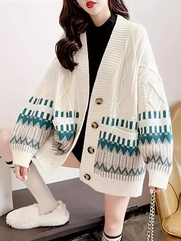 The Best Deal Sixsr Geo Pattern Button Down Knit Cardigan, Elegant Long Sleeve Loose Sweater With Pocket, Women's Clothing The Best Deal Sixsr Geo Pattern Button Down Knit Cardigan, Elegant Long Sleeve Loose Sweater With Pocket, Women's Clothing