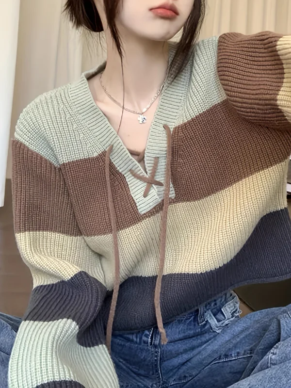 Steal Deal Sixsr Color Block Drawstring Knit Sweater, Casual Long Sleeve Loose Fashion Sweater, Women's Clothing Steal Deal Sixsr Color Block Drawstring Knit Sweater, Casual Long Sleeve Loose Fashion Sweater, Women's Clothing