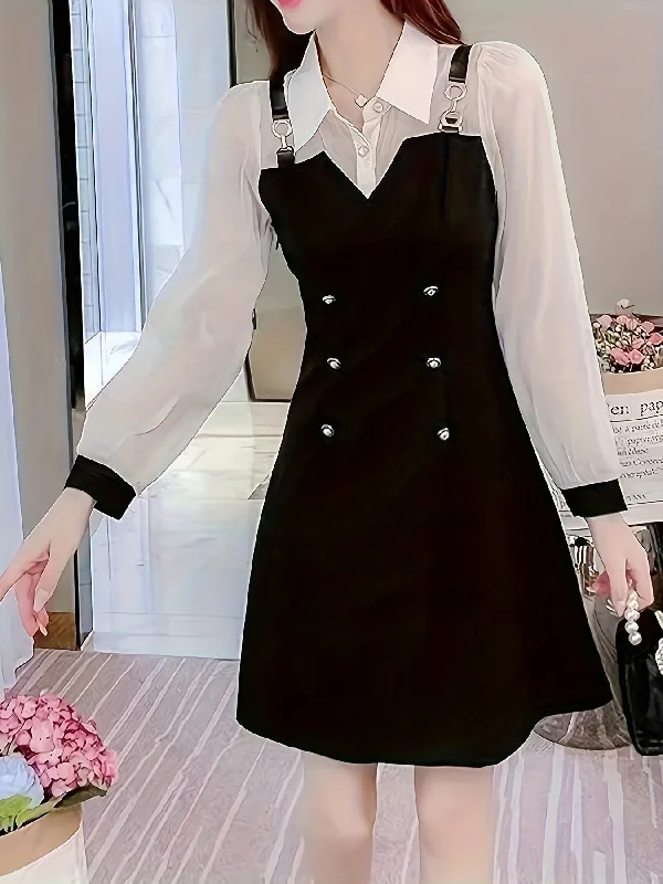 Weekend Savings Bonanza Sixsr Color Block 2 In 1 Dress, Elegant Long Sleeve Chain Midi Dress, Women's Clothing Weekend Savings Bonanza Sixsr Color Block 2 In 1 Dress, Elegant Long Sleeve Chain Midi Dress, Women's Clothing