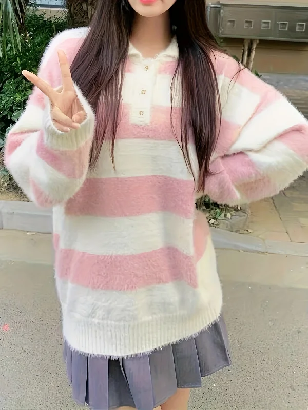 Weekend Wonders Await! Sixsr Striped Print Collar Knit Sweater, Vintage Drop Shoulder Long Sleeve Sweater, Women's Clothing