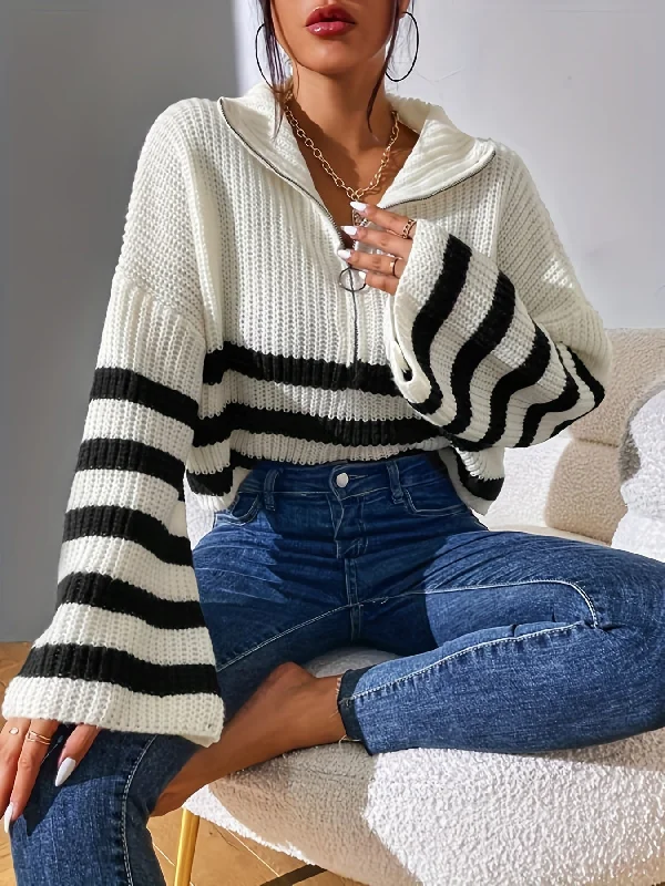 Weekend Discounts to Relish Sixsr Striped Pattern Half Zip Pullover Sweater, Casual Bell Sleeve Sweater For Fall & Winter, Women's Clothing Weekend Discounts to Relish Sixsr Striped Pattern Half Zip Pullover Sweater, Casual Bell Sleeve Sweater For Fall & Winter, Women's Clothing