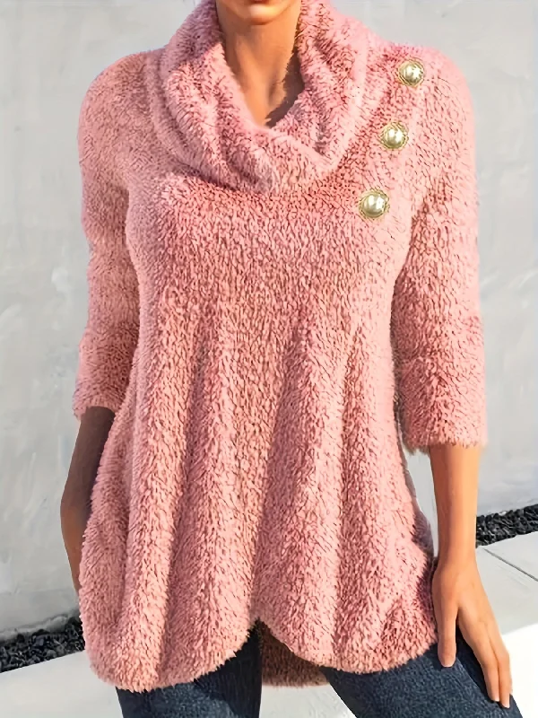 Daily Special Sixsr Solid Cowl Neck Plush Tunics, Casual 3/4 Sleeve Warm Coat, Women's Clothing Daily Special Sixsr Solid Cowl Neck Plush Tunics, Casual 3/4 Sleeve Warm Coat, Women's Clothing