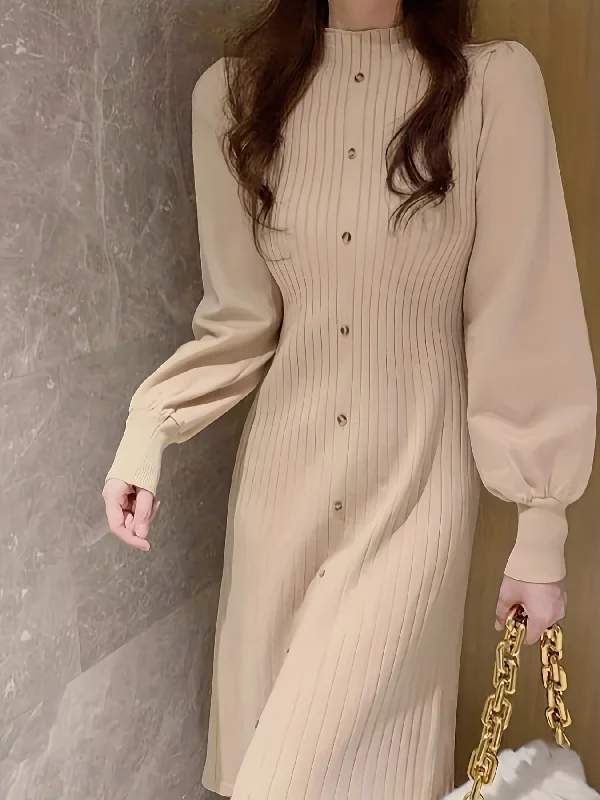 New Arrival Sixsr Ribbed Mock Neck Dress, Casual Button Front Long Lantern Sleeve Dress, Women's Clothing New Arrival Sixsr Ribbed Mock Neck Dress, Casual Button Front Long Lantern Sleeve Dress, Women's Clothing