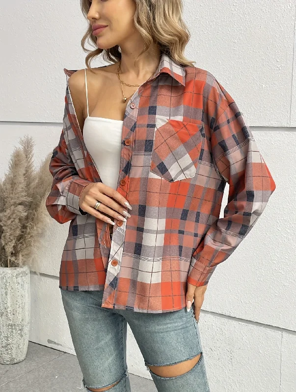 Big Deal Sixsr Plaid Print Polo Collar Button Shirt, Casual Long Sleeve Shirt For Spring & Fall, Women's Clothing Big Deal Sixsr Plaid Print Polo Collar Button Shirt, Casual Long Sleeve Shirt For Spring & Fall, Women's Clothing