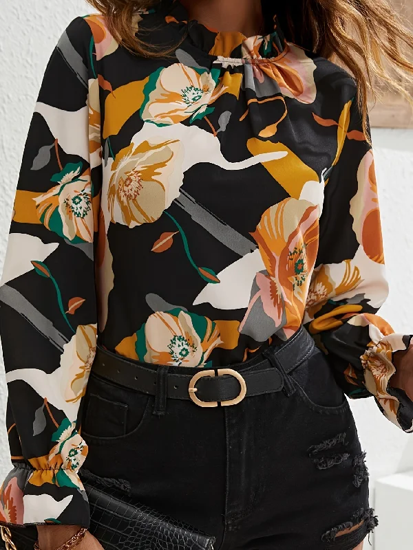 Early Access Sixsr Floral Print Keyhole Blouse, Elegant Mock Neck Long Sleeve Blouse, Women's Clothing Early Access Sixsr Floral Print Keyhole Blouse, Elegant Mock Neck Long Sleeve Blouse, Women's Clothing