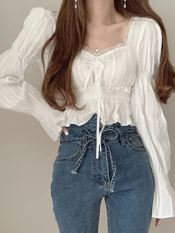 Markdown Sale Sixsr Ruffle Trim Queen Anne Neck Blouse, Chic Puff Sleeve Cinched Waist Crop Blouse For Spring & Fall, Women's Clothing Markdown Sale Sixsr Ruffle Trim Queen Anne Neck Blouse, Chic Puff Sleeve Cinched Waist Crop Blouse For Spring & Fall, Women's Clothing
