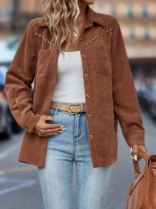 Weekend Savings Spree Sixsr Solid Button Front Jacket, Casual Long Sleeve Studded Decor Jacket, Women's Clothing Weekend Savings Spree Sixsr Solid Button Front Jacket, Casual Long Sleeve Studded Decor Jacket, Women's Clothing