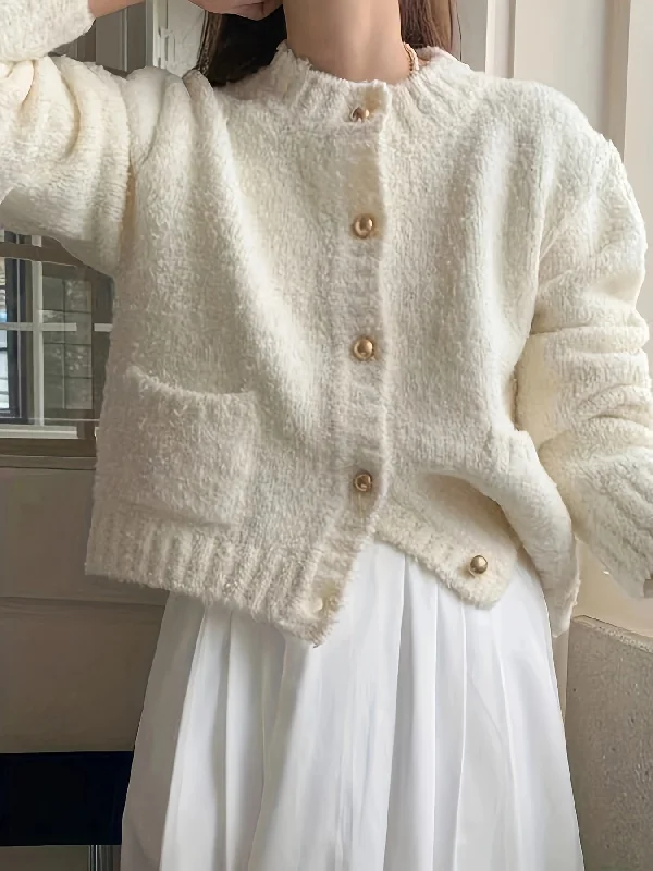 Weekend Offers That Excite Sixsr Solid Button Down Fuzzy Knit Cardigan, Casual Crew Neck Long Sleeve Thick Sweater, Women's Clothing Weekend Offers That Excite Sixsr Solid Button Down Fuzzy Knit Cardigan, Casual Crew Neck Long Sleeve Thick Sweater, Women's Clothing