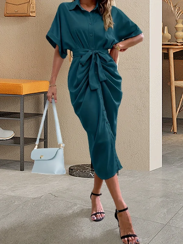 Weekend Discounts to Enjoy Sixsr Elegant Buttons Pleated Long Dress, Short Sleeve Solid V-neck Waist Loose Dresses, Women's Clothing Weekend Discounts to Enjoy Sixsr Elegant Buttons Pleated Long Dress, Short Sleeve Solid V-neck Waist Loose Dresses, Women's Clothing