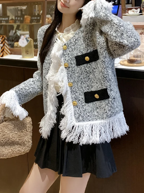 Value Pack Sixsr Elegant Button Front Fringe Trim Cardigan, Long Sleeve Cardigan For Fall & Winter, Women's Clothing Value Pack Sixsr Elegant Button Front Fringe Trim Cardigan, Long Sleeve Cardigan For Fall & Winter, Women's Clothing