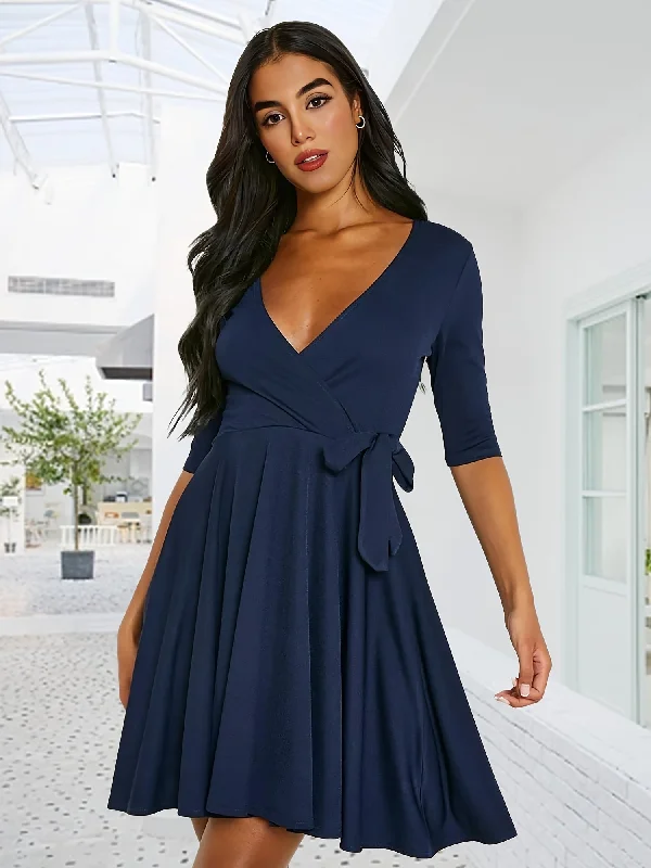Weekend Offers That Tempt Sixsr Knotted Pleated Dress, Casual V Neck Half Sleeve Solid Dress, Women's Clothing Weekend Offers That Tempt Sixsr Knotted Pleated Dress, Casual V Neck Half Sleeve Solid Dress, Women's Clothing