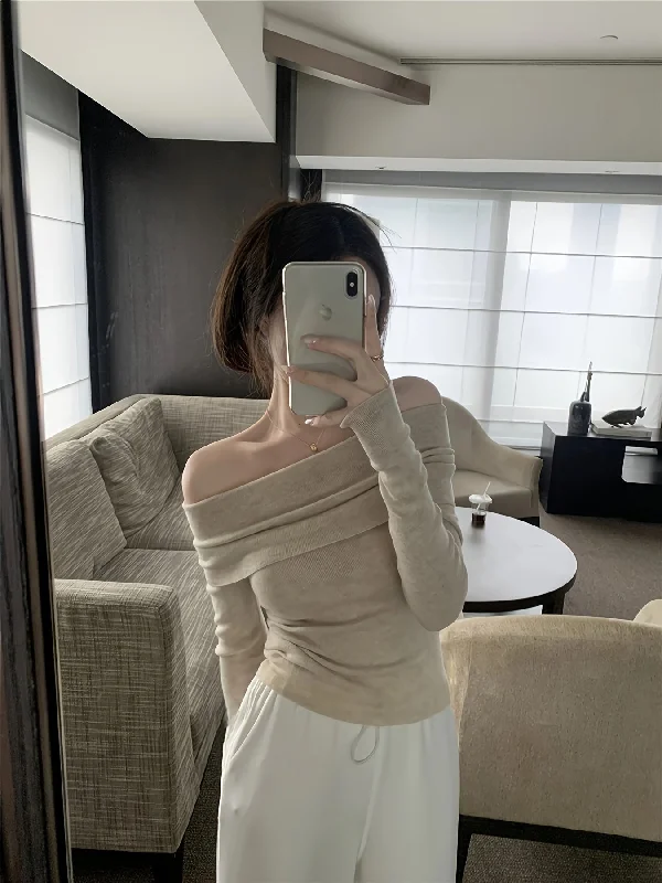 Super Bargain Sixsr Solid Off Shoulder Knitted Top, Y2K Long Sleeve Slim Sweater For Spring & Fall, Women's Clothing Super Bargain Sixsr Solid Off Shoulder Knitted Top, Y2K Long Sleeve Slim Sweater For Spring & Fall, Women's Clothing