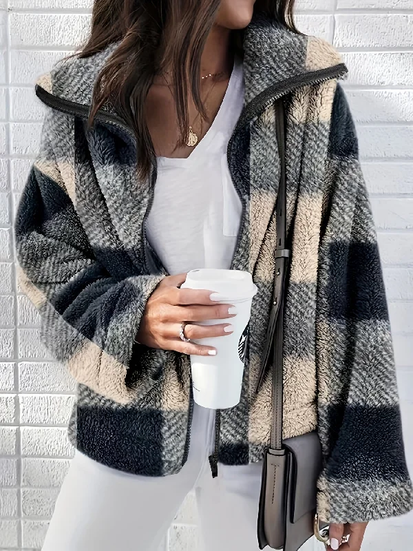 Deep Savings Sixsr Plus Size Casual Coat, Women's Plus Plaid Print Teddy Fleece Long Sleeve Zipper Lapel Collar Coat Deep Savings Sixsr Plus Size Casual Coat, Women's Plus Plaid Print Teddy Fleece Long Sleeve Zipper Lapel Collar Coat