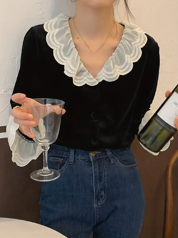 Lowest Price Sixsr Contrast Lace Simple Blouse, Vintage V Neck Long Sleeve Blouse, Women's Clothing Lowest Price Sixsr Contrast Lace Simple Blouse, Vintage V Neck Long Sleeve Blouse, Women's Clothing