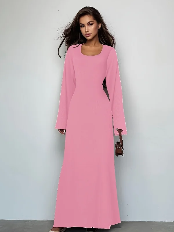 Value Pack Sixsr Solid Tie Back U Neck Dress, Elegant Long Sleeve Maxi Dress, Women's Clothing Value Pack Sixsr Solid Tie Back U Neck Dress, Elegant Long Sleeve Maxi Dress, Women's Clothing