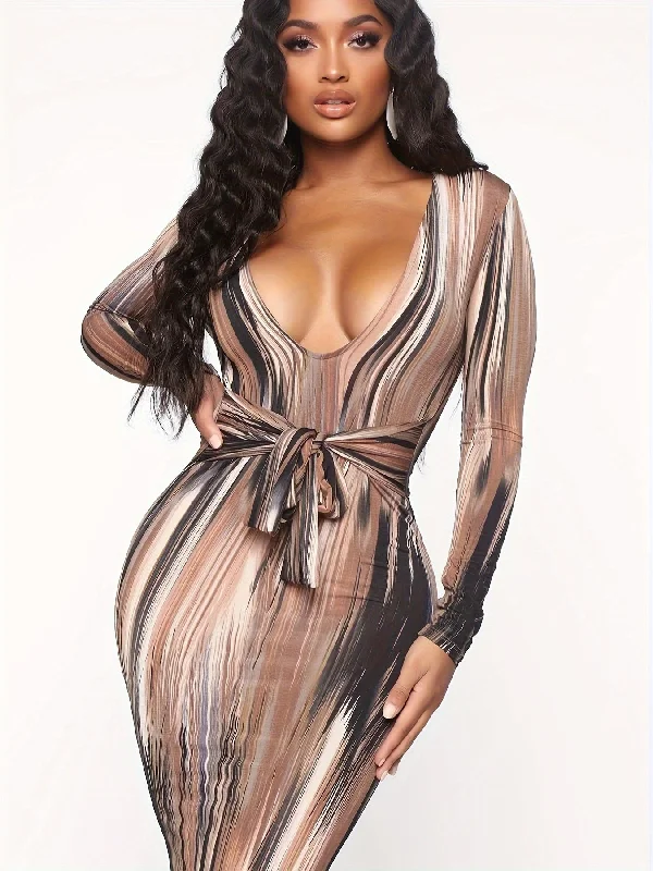 Weekend Offers That Please Sixsr Abstract Print Plunge Neck Dress, Stylish Long Sleeve Tie-waist Maxi Length Dress, Women's Clothing Weekend Offers That Please Sixsr Abstract Print Plunge Neck Dress, Stylish Long Sleeve Tie-waist Maxi Length Dress, Women's Clothing