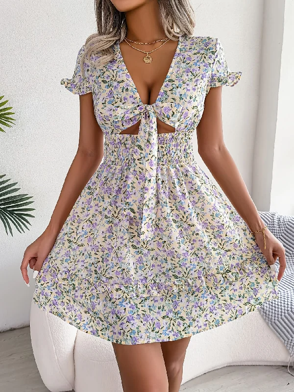 Weekend Specials to Grab Sixsr Ditsy Floral Print Tie Front Dress, Vacation Shirred Waist Short Sleeve Ruffle Trim Dress, Women's Clothing