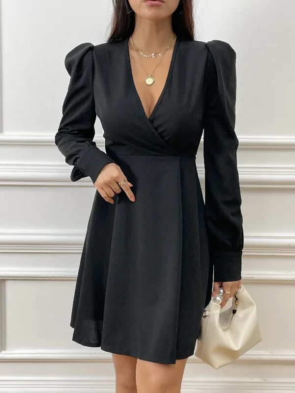 Act Fast Sixsr Deep V Neck Black Dress, Elegant Long Puff Sleeve Dress, Women's Clothing Act Fast Sixsr Deep V Neck Black Dress, Elegant Long Puff Sleeve Dress, Women's Clothing