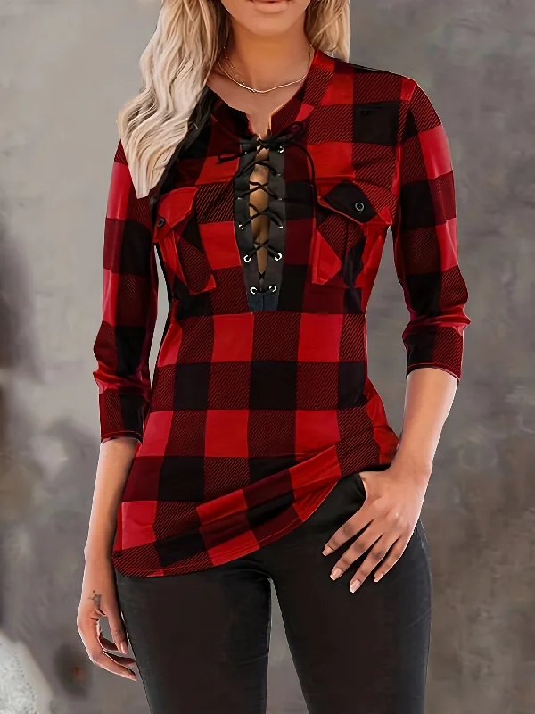 Markdown Sale Sixsr Plaid Pocket V-neck Blouse, Casual Long Sleeve Blouse, Casual Every Day Tops, Women's Clothing