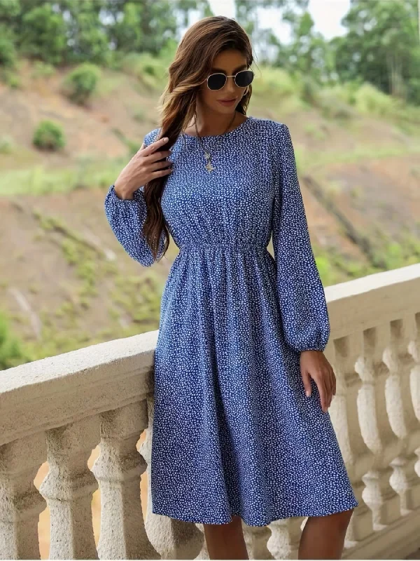 Early Bird Sixsr Allover Print Lantern Sleeve Dress, Elegant Crew Neck Cinched Waist Dress, Women's Clothing Early Bird Sixsr Allover Print Lantern Sleeve Dress, Elegant Crew Neck Cinched Waist Dress, Women's Clothing