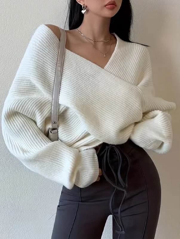 Top Pick Sixsr Solid Cross Front Knit Sweater, Sexy V Neck Long Sleeve Loose Fashion Sweater, Women's Clothing Top Pick Sixsr Solid Cross Front Knit Sweater, Sexy V Neck Long Sleeve Loose Fashion Sweater, Women's Clothing