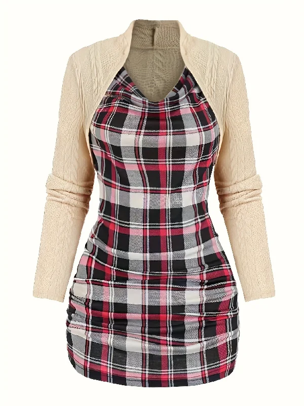 Weekend Specials to Delight Sixsr Plaid Print Cowl Neck Pullover Sweater, Y2K Spliced Twist Long Sleeve Knitted Sweater For Every Day, Women's Clothing Weekend Specials to Delight Sixsr Plaid Print Cowl Neck Pullover Sweater, Y2K Spliced Twist Long Sleeve Knitted Sweater For Every Day, Women's Clothing