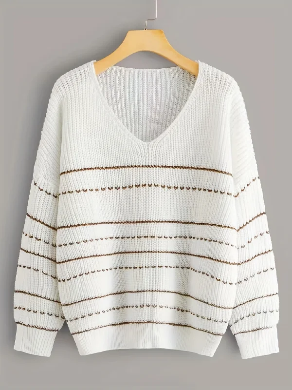 Weekend Discounts Worth Grabbing Sixsr Striped Print Knit Sweater, Casual V Neck Long Sleeve Sweater, Women's Clothing Weekend Discounts Worth Grabbing Sixsr Striped Print Knit Sweater, Casual V Neck Long Sleeve Sweater, Women's Clothing