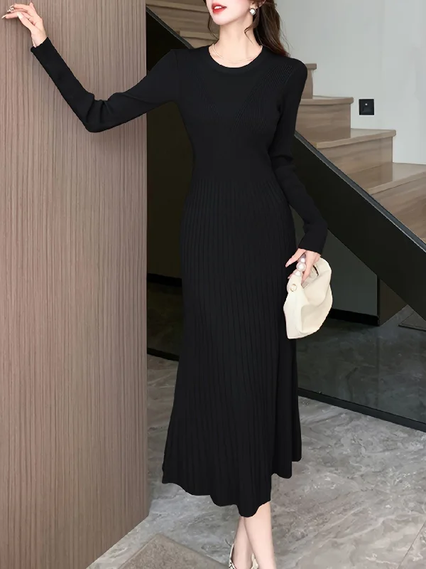 Stock Up Sixsr Solid Color Long Sleeve Knit Dress, Chic Long Sleeve Crew Neck A-line Dress, Women's Clothing