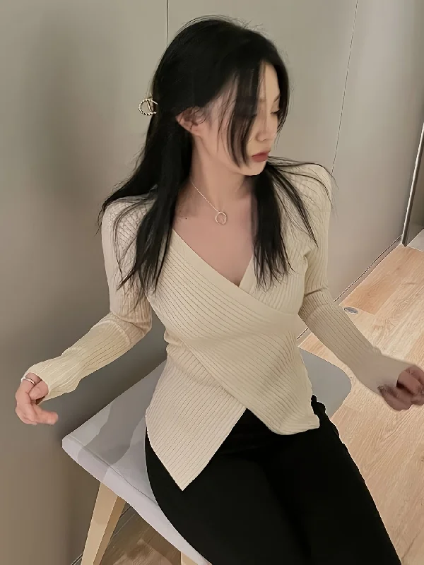 Year-End Deals Sixsr Solid Cross Front Knitted Top, Casual Long Sleeve V Neck Slim Sweater, Women's Clothing Year-End Deals Sixsr Solid Cross Front Knitted Top, Casual Long Sleeve V Neck Slim Sweater, Women's Clothing