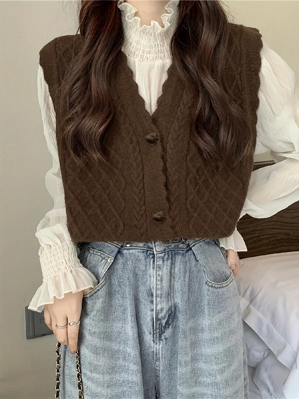 Lowest Price Sixsr Cable Knit Button Sweater Vest, Casual Sleeveless V Neck Scallop Trim Sweater, Women's Clothing Lowest Price Sixsr Cable Knit Button Sweater Vest, Casual Sleeveless V Neck Scallop Trim Sweater, Women's Clothing