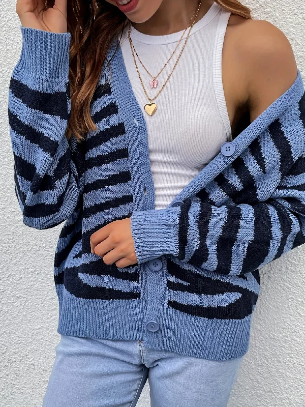 Don't Miss Out Sixsr Striped Button Down Knit Cardigan, Casual V Neck Long Sleeve Sweater, Women's Clothing Don't Miss Out Sixsr Striped Button Down Knit Cardigan, Casual V Neck Long Sleeve Sweater, Women's Clothing