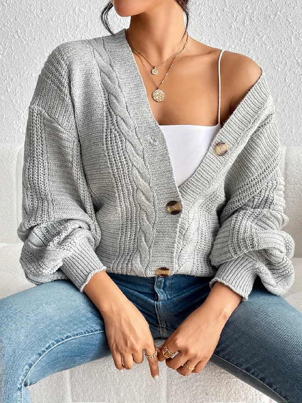 Reduced Rates Sixsr Solid Button Down Cable Knit Cardigan, Casual Long Sleeve Drop Shoulder Sweater, Women's Clothing Reduced Rates Sixsr Solid Button Down Cable Knit Cardigan, Casual Long Sleeve Drop Shoulder Sweater, Women's Clothing