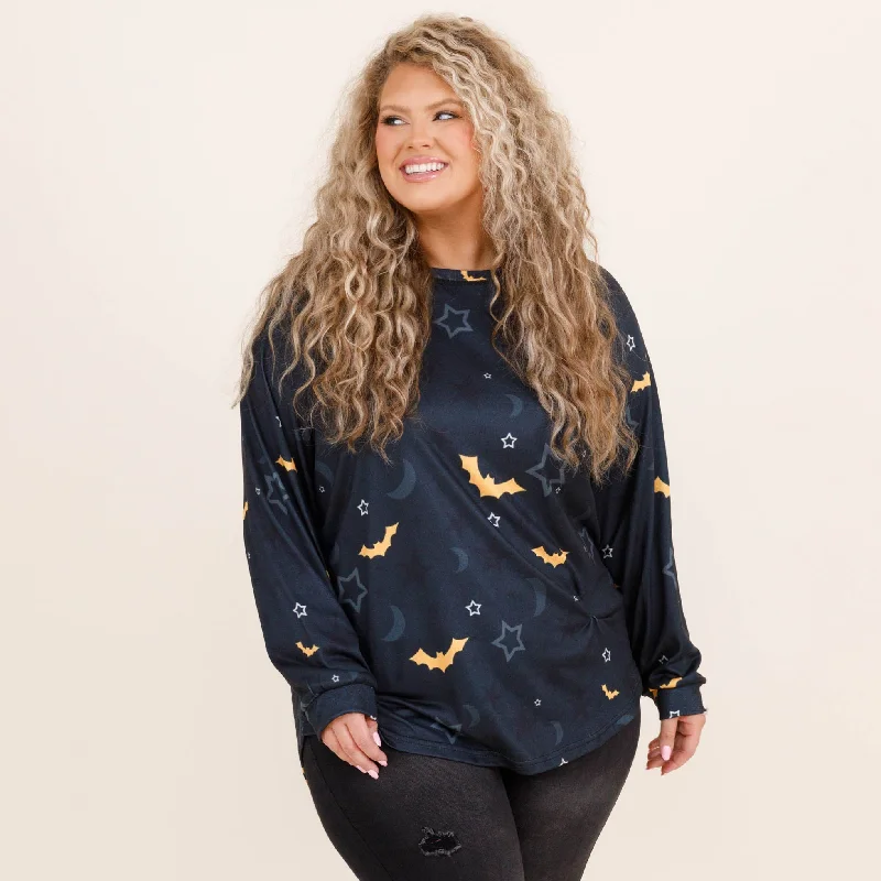 Lowest Price Curved Hem Slouchy Dolman Tunic, Festive Bats