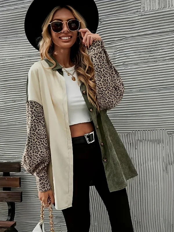 Take Action Sixsr Leopard Print Color Block Jacket, Casual Flap Pockets Lantern Sleeve Outwear For Spring & Fall, Women's Clothing Take Action Sixsr Leopard Print Color Block Jacket, Casual Flap Pockets Lantern Sleeve Outwear For Spring & Fall, Women's Clothing